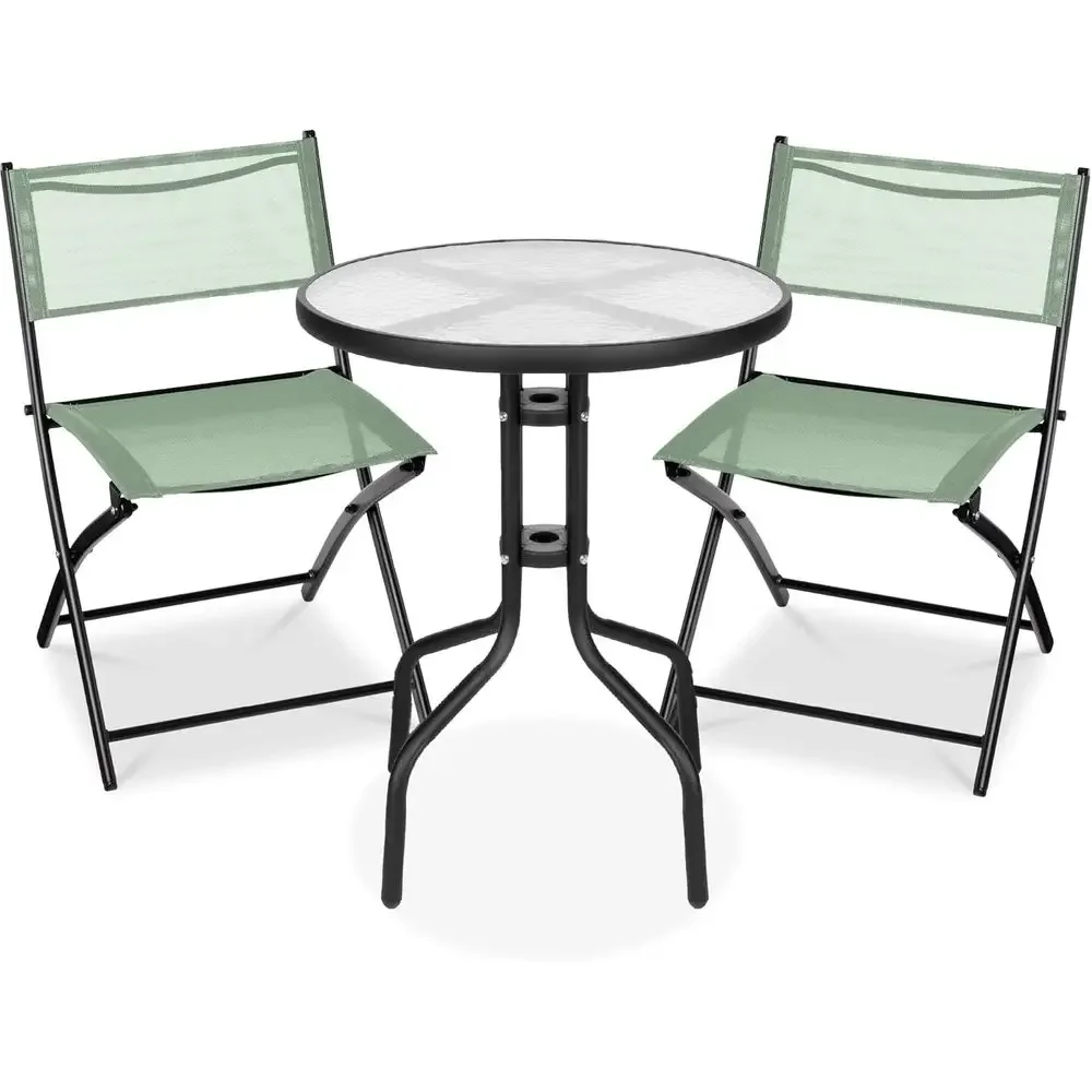 3-Piece Outdoor Bistro Set with Textured Glass Top, 2 Metal Chairs, Sage Polyester Cushions