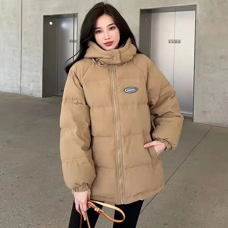 Down Cotton Jacket Women Autumn Winter 2023 New Khaki Cotton Coat Fashion Casual Korean Loose Thickened Hooded Parkas Womens