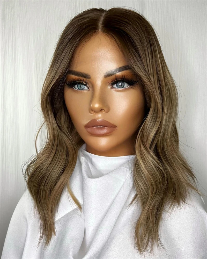 Peruca curta loira marrom 13x4, peruca frontal de renda destaques, peruca sintética bob para mulheres, cosplay, sem cola, fibra premium