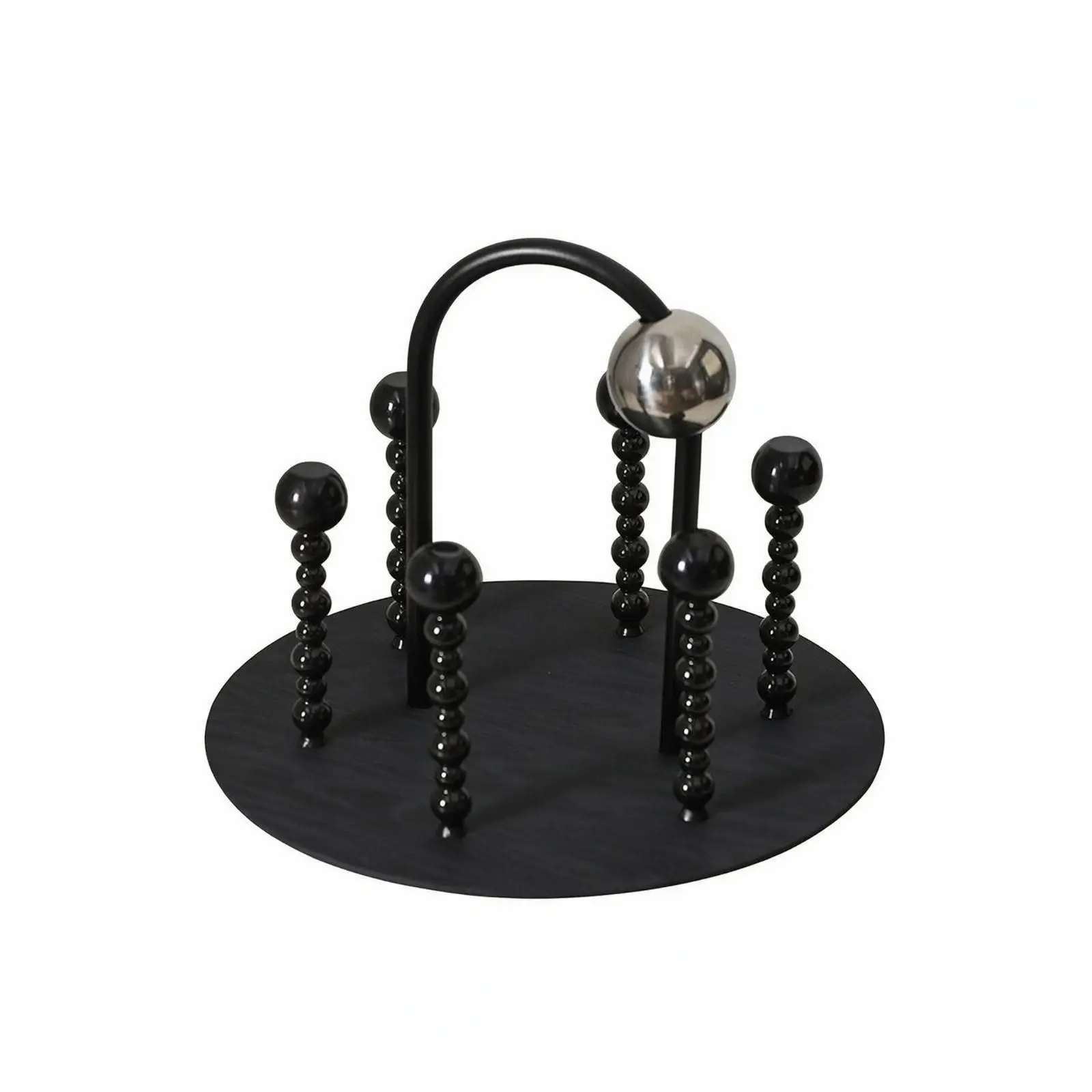 Decorative Cup Holder Rack with Handle Six Vertical Beaded Posts, Modern Table Display Design, Drinkware Holder with Base