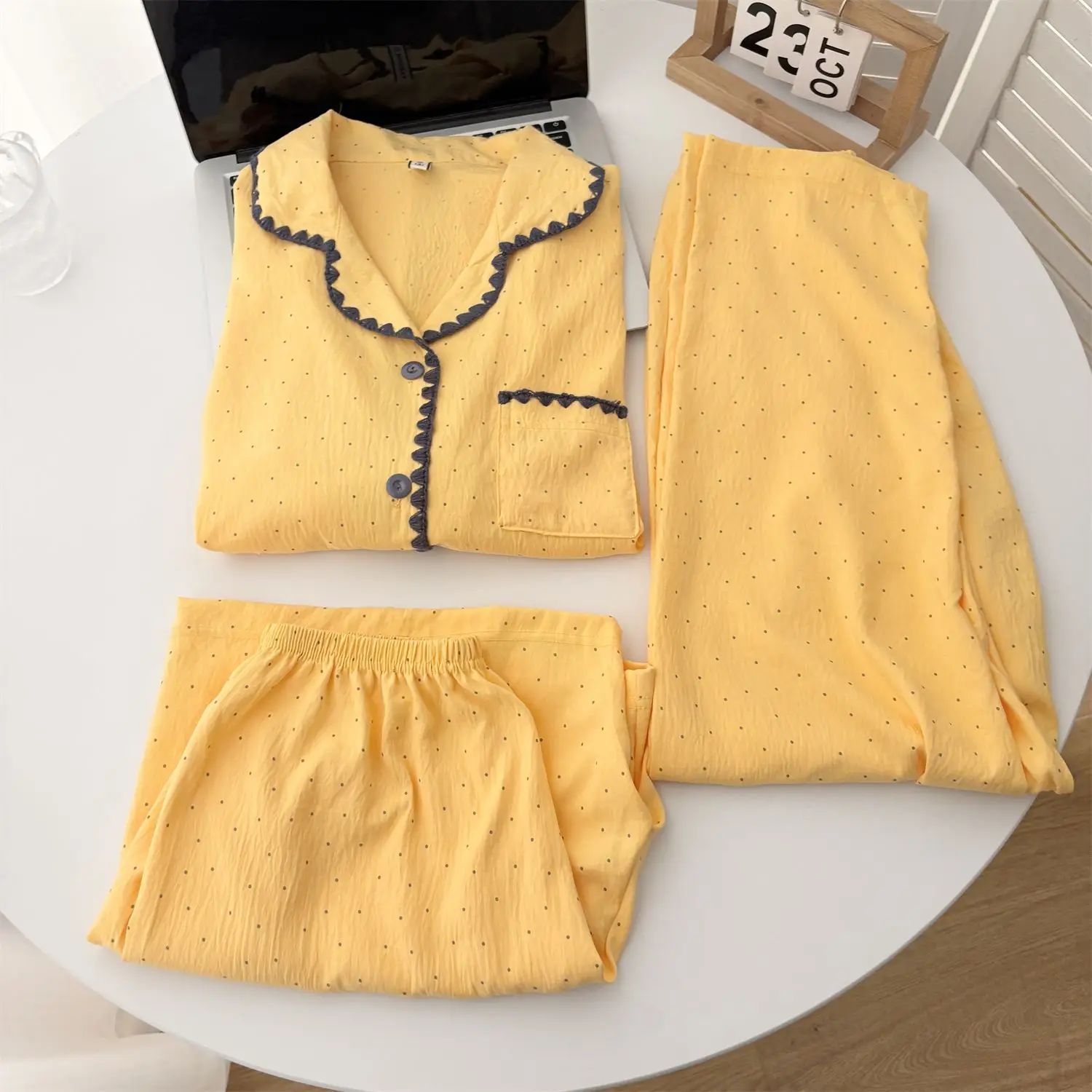 

Sweet Polka Dot Korean Style Women's Sleepwear Loose Short Sleeve Long Pants Three-Piece Set Home Clothes Set Cloud Cotton Sp...