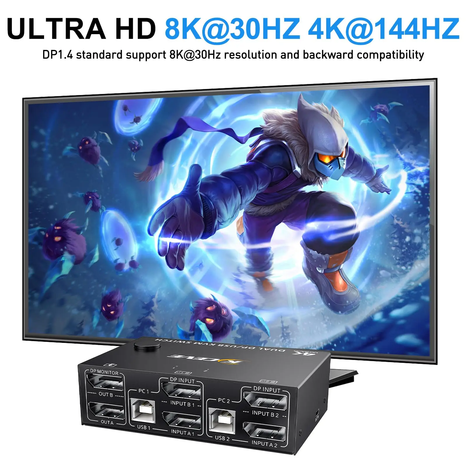 KCEVE 8K Przełącznik KVM z podwójnym monitorem, przełącznik Displayport 1.4 KVM 2 monitory 2 komputery 8K@30Hz 4K@144Hz z 4 portami USB