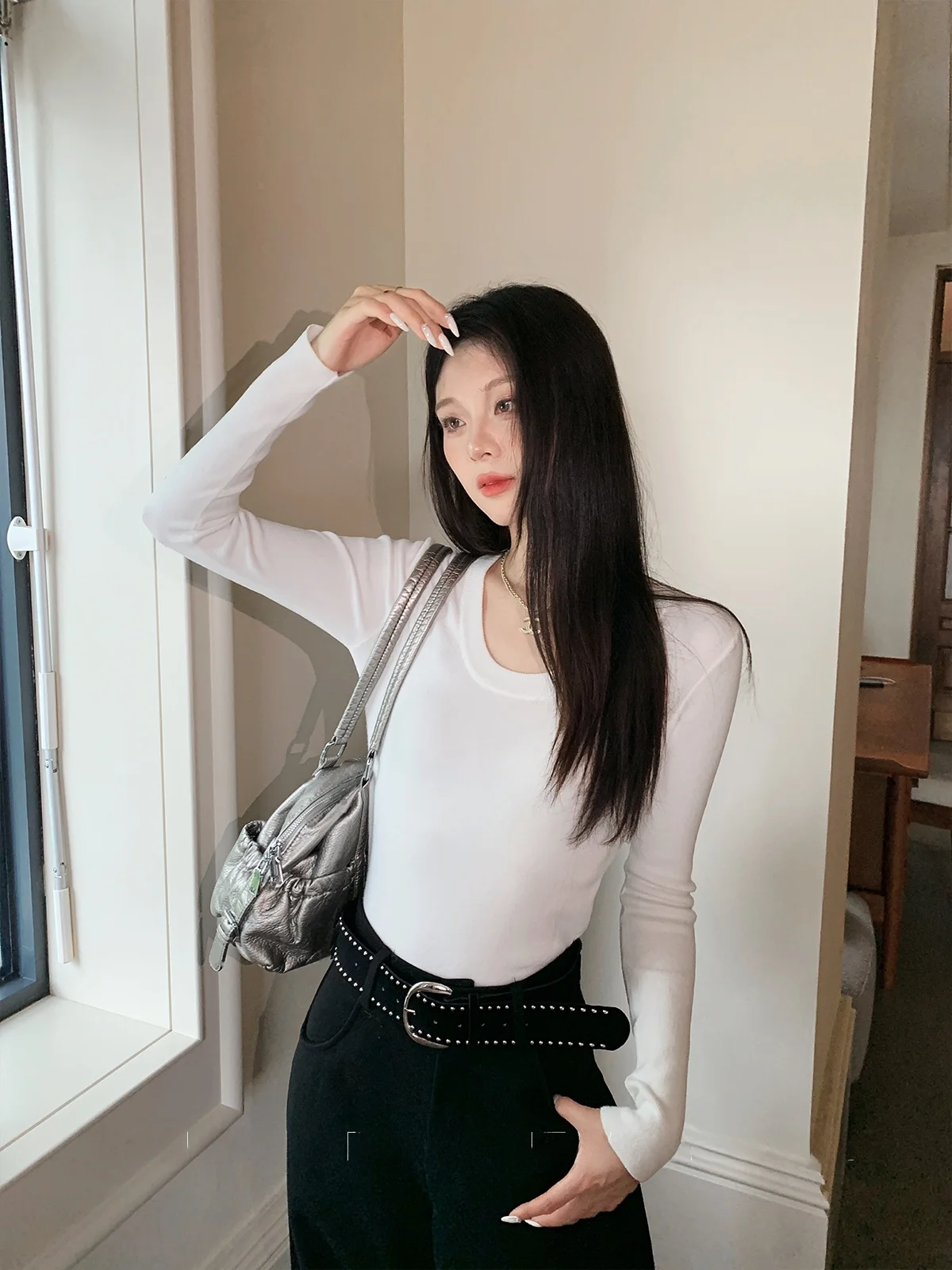 

White U-Ne Knitted Long Sve Base irt Women's Slim Fit Faionable Spring Autumn Top Cleanfit Sle Commute Wear