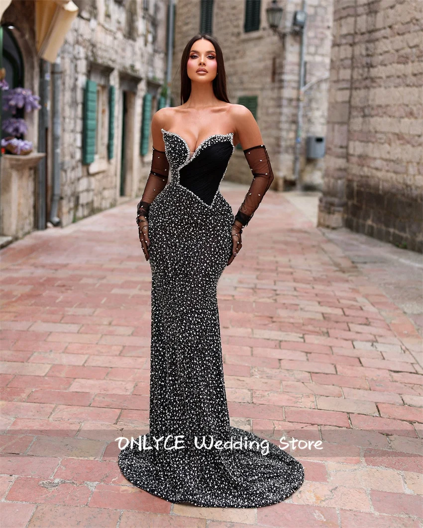 

Luxury Black Evening Dresses Satin Long Prom Gowns Long Sleeves Sweetheart Elegant Dresses For Special Occasions Customized