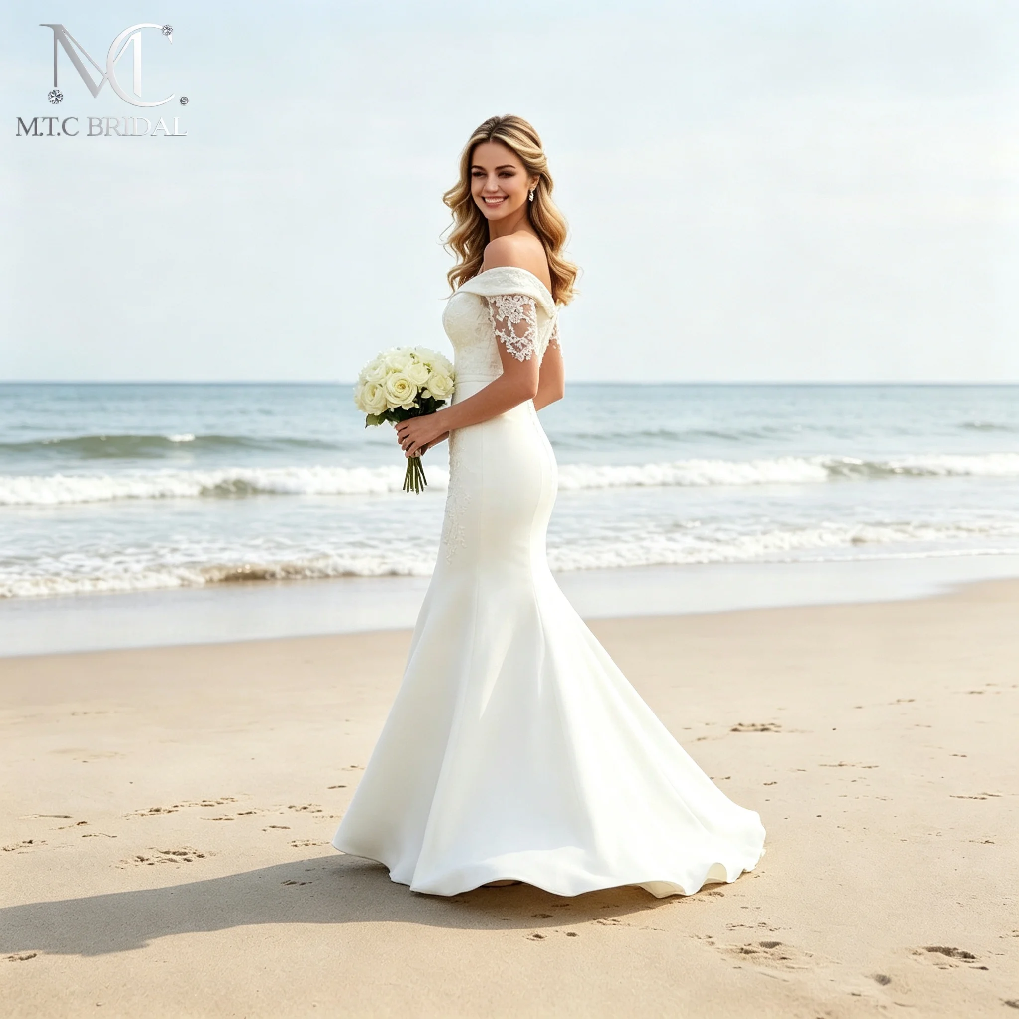 2026 White Mermaid Long Wedding Dress Off The Shoulder Lace Appliques Satin Beach Wedding Gowns For Bride Plus Size