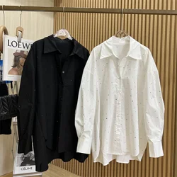 Luxury Blingbling Hot Drilling Diamonds Oversized Loose Long-Sleeved Shirts Blouses Women Spring Autumn Polo Collar White Top