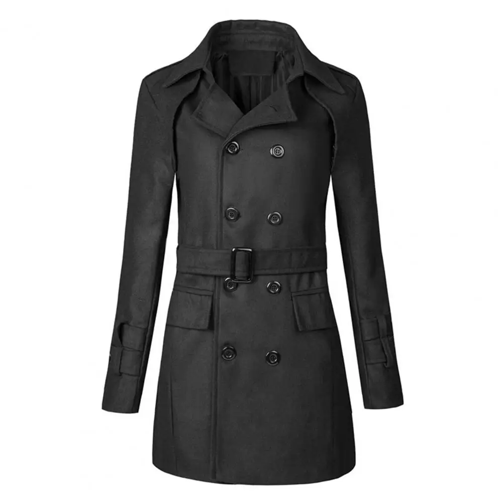 

Men's Double Breasted Woolen Jacket with Lapel Pockets Belt for Autumn Winter jaqueta masculina