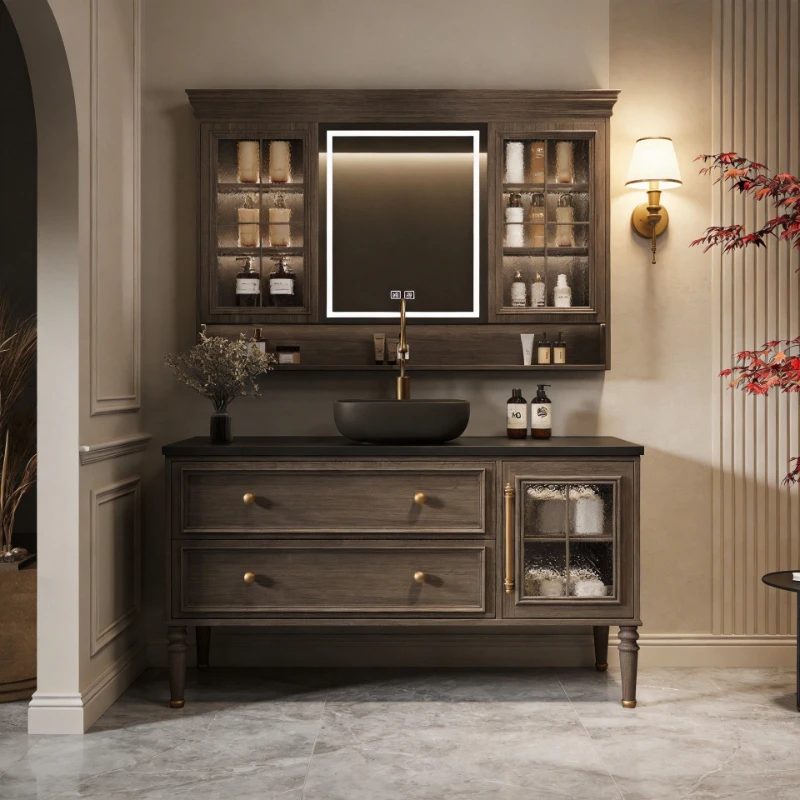 Oak bathroom cabinet, Song-style aesthetics, French retro rock slab washbasin, upper basin combination toilet washbasin
