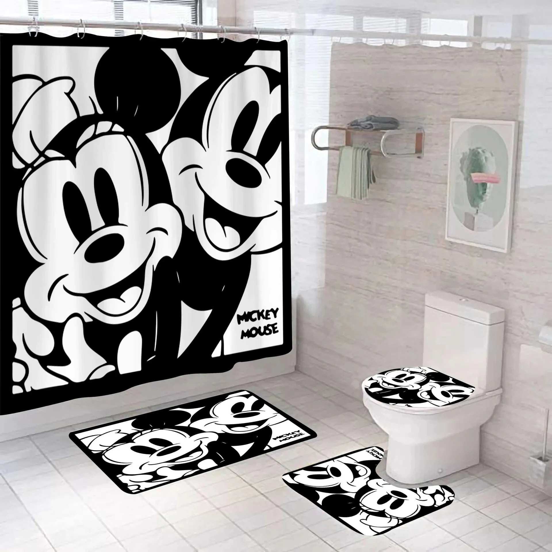 Mickey Minnie 4pcs Shower Curtain Waterproof Bath Curtain Carpet Toilet Mat Cartoon Anime Bathroom Decoration Bath Cover Hook