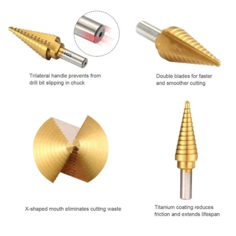 Aluminium Doos Set Van Titanium Geplateerde Stap Boor Pagode Bit 6 Stuks High-Speed Staal Multifunctionele Gat Ruimer