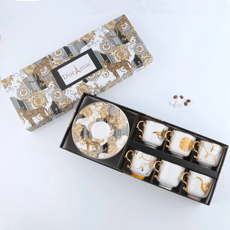 

6-piece Set Turkish Coffee Cup Light Luxury Concentrated Small Mini Ceramic Cup Retro Afternoon Tea Cups and Saucers Gift Box