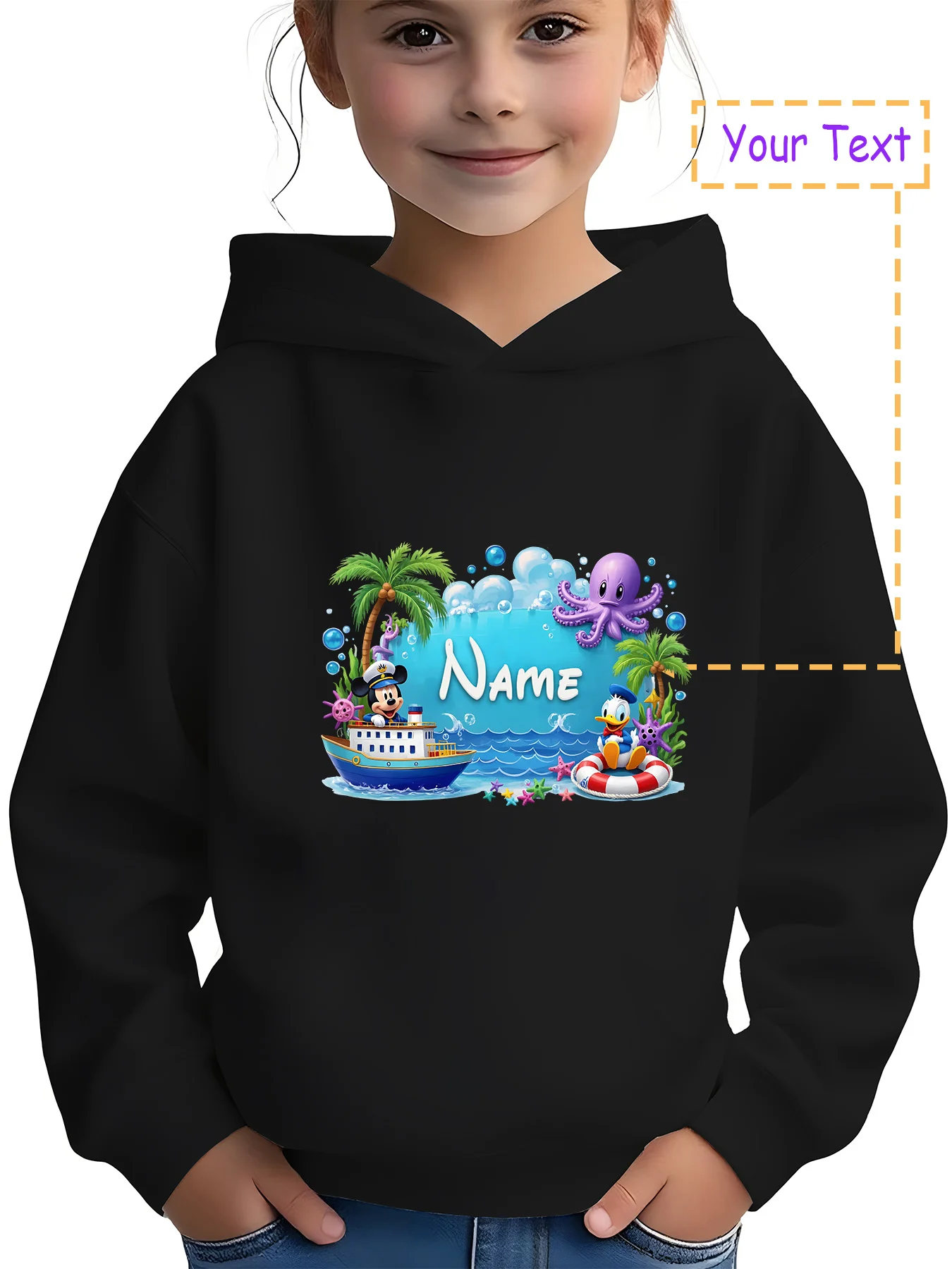 

MINISO Disney Ocean Adventure Hoodie - Mickey and Donald Duck's ocean adventure, octopus and coconut tree elements, perfect for