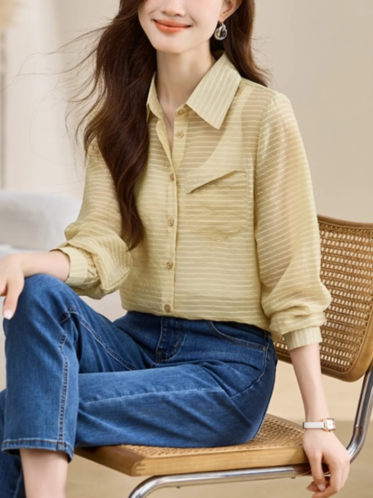 

Casual Chiffon irt Collared Slimming Pure Color Spring Autumn New Women's Ne Open Cardigan Sle Faionable Base La...