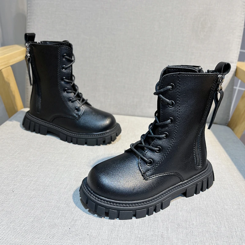 Black Girls Boots with Anti Slip and Waterproof Flat Heel Midsole Back Zipper Winter Microfiber Leather Fashion Boots De Mujer