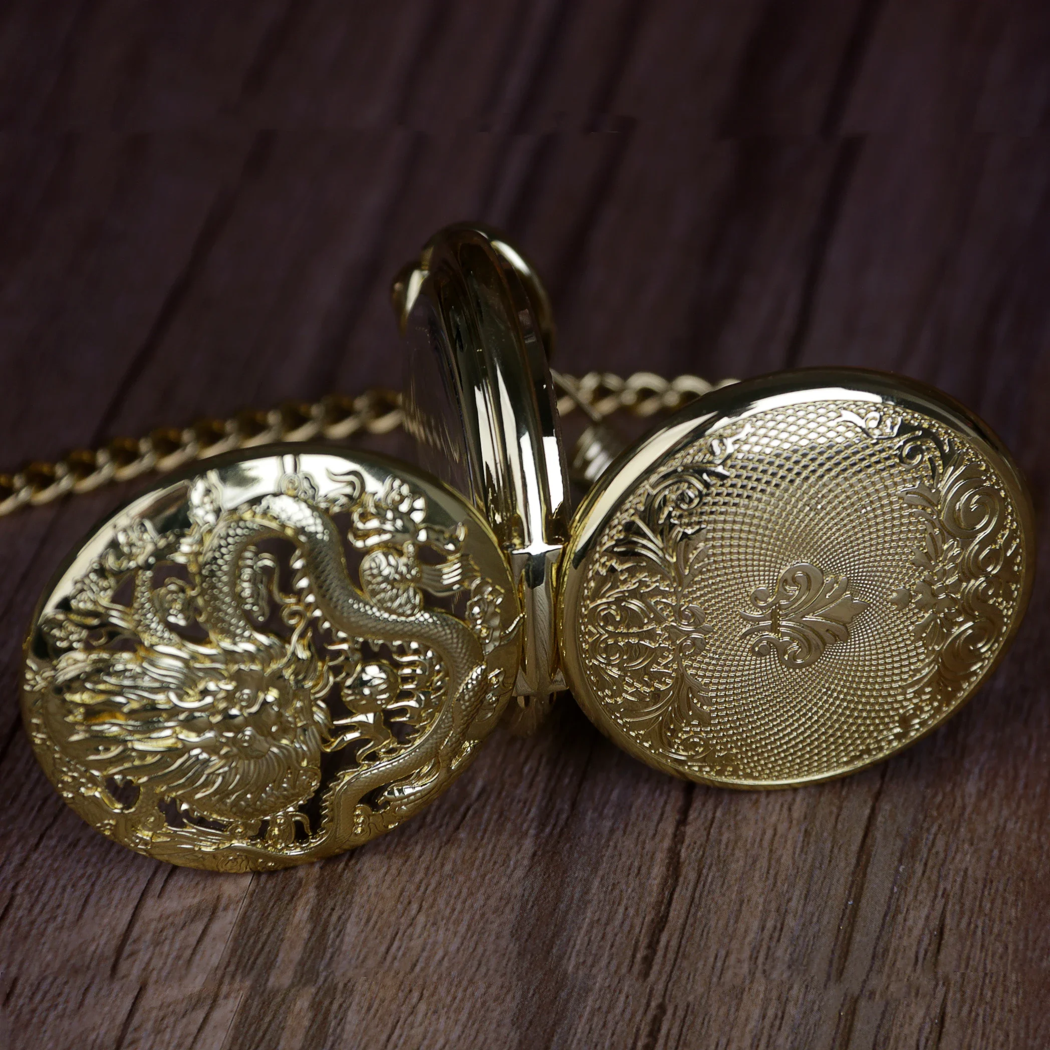 Unique Beautiful Chinese Dragon Design Pocket Watch Mechanical For Men Vintage 2 Sides Open Case Skeleton Hand Wind Fob Watch