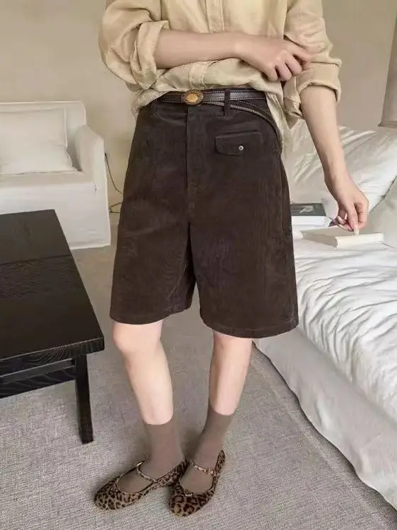 High Waist Corduroy Wide Leg Five-Point Pants Women's Casual Mid-Length Trousers Loose Fit Slimming Style Korean Version
