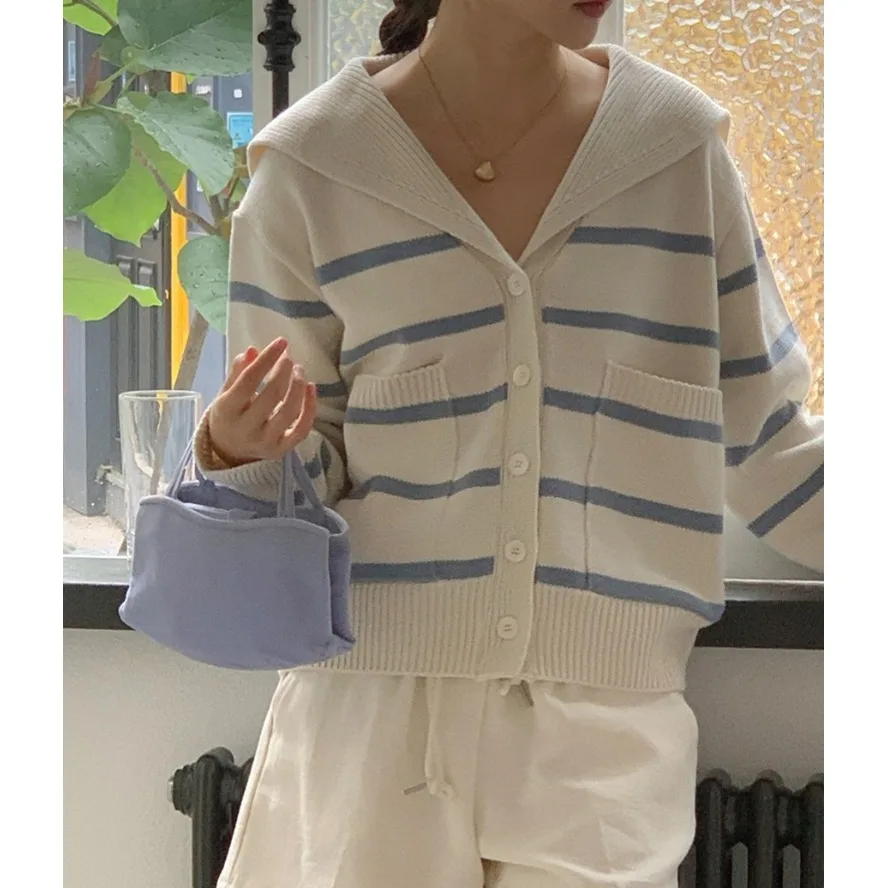 Los gebreid vest dames faionable gestreept ontwerp kleur blo marine kraag casual sle lange Sve top voor dames