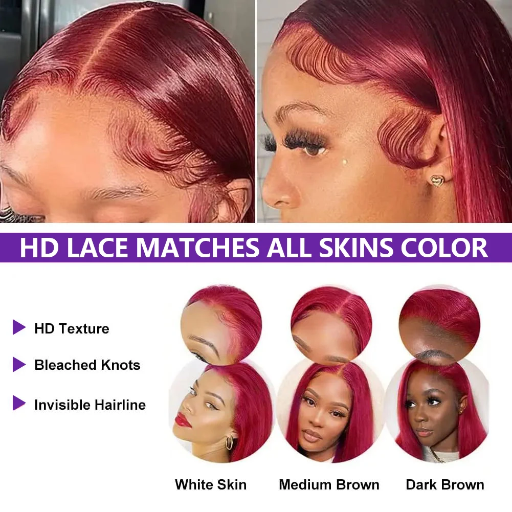 36 Inch Burgundy Lace Front Wig 13x4 HD Straight Human Hair Wigs For Women 200 Density 99J Red Colored 13x6 Lace Frontal Wigs