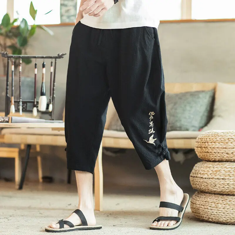 New Spring and Summer Chinese Style Casual Cotton Linen Embroidered Pants Harlan Bloomers Vintage Straigh Calf-length Pants Men