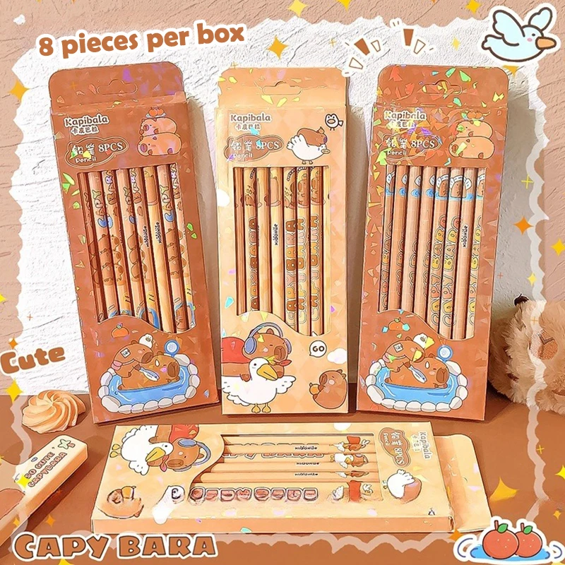8 unids/caja de lápiz de capibara bonito de dibujos animados Kawaii HB, artículos de dibujo para bocetos, papelería para estudiantes, suministros escolares y de oficina, regalos para niños