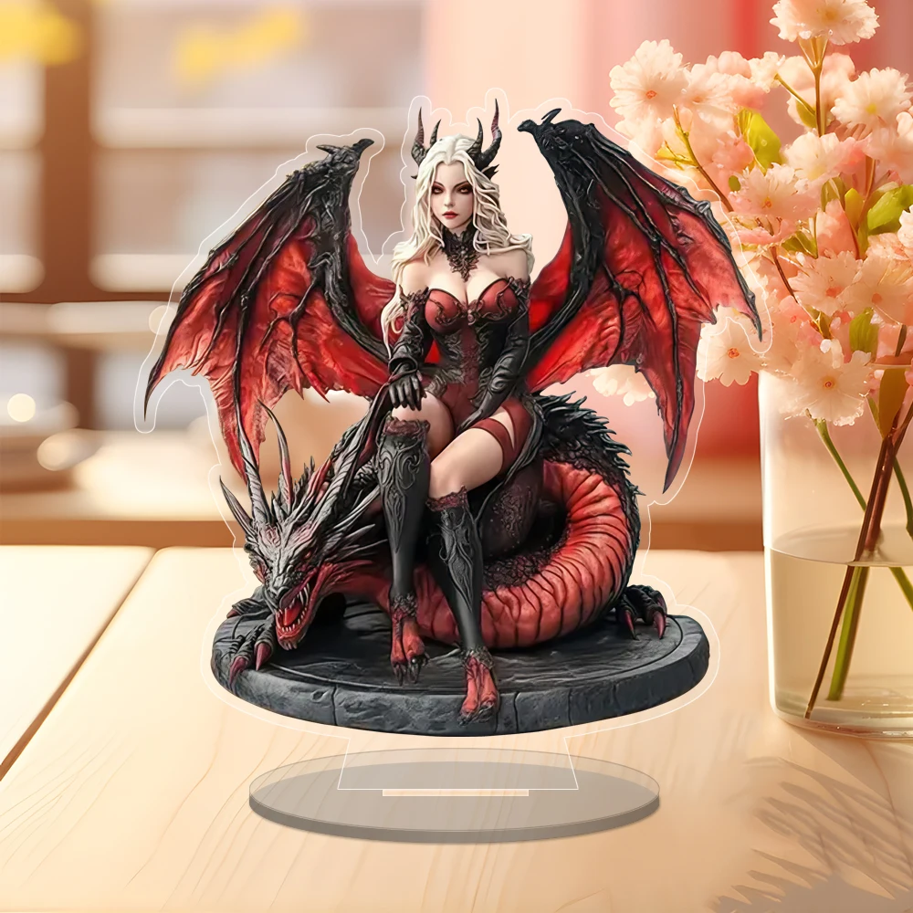 Boho Acrylic Enchantress & Red Dragon Figurine - Halloween Theme Decorative Tabletop Statue for Living Room & Various Room Types