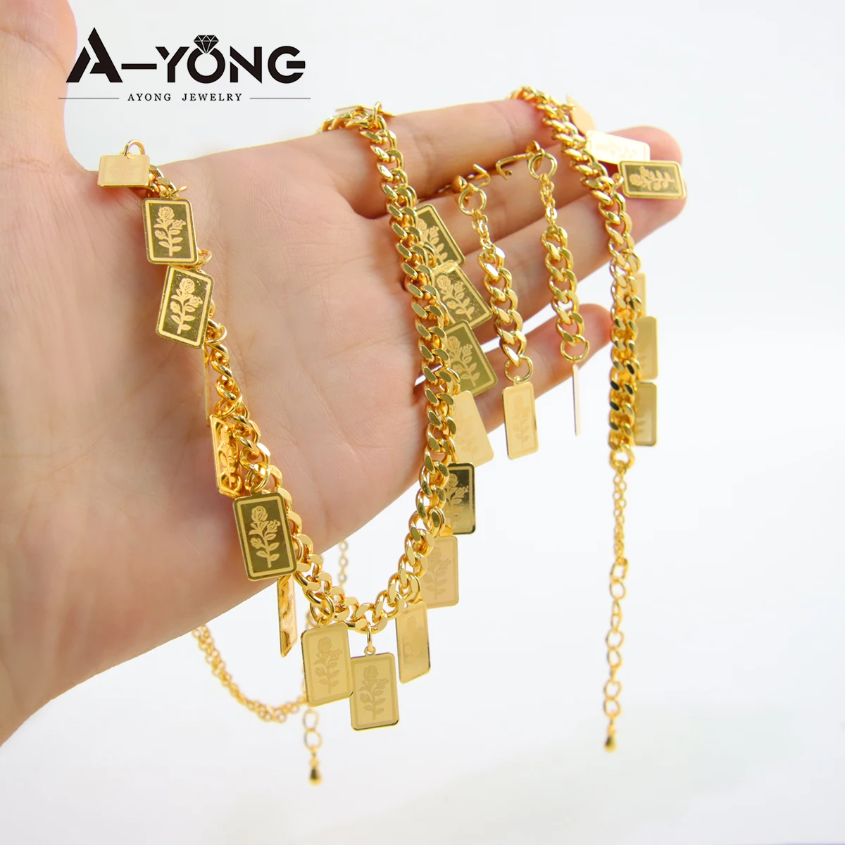 Nigerianisches Brautschmuck-Set 21k Vergoldet Arabische Mode Verlobungs-Halskette Armband Ohrringe Oman Goldschmuck – Detail 3