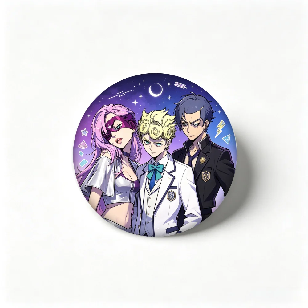 Star Academy Trio Anime Round Tin Badge, Character Button Pin Brooch for Backpack Jacket Decor Gift