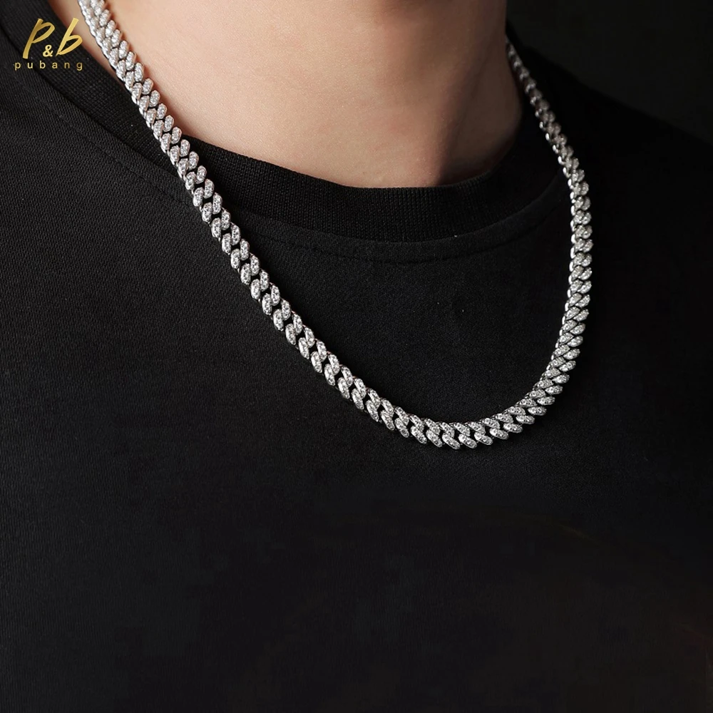 

PuBang Fine Jewelry Real Solid 925 Sterling Silver Moissanite Diamonds Gemstone Hip Hop Rock 8 MM Cuban Chain Necklace Wholesale