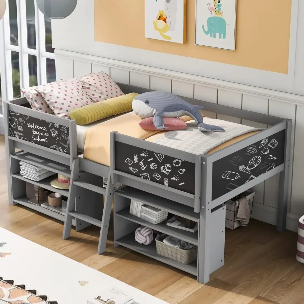 

Kids Low Loft Bed with 2 Movable Storage Shelves, Twin Loft Bed Frame with Chalkboard and Ladder, Multifunctional Loft Bed