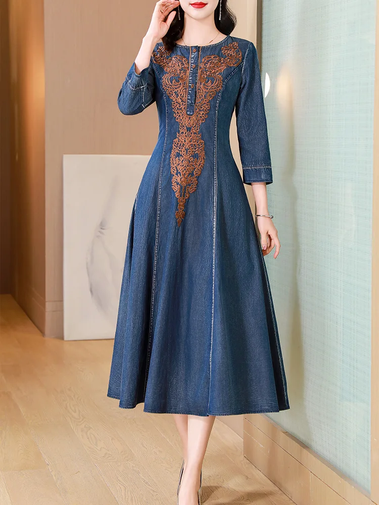 TIYIHAILEY 2024 New Free Shipping Vintage Women Long Mid-Calf M-XXL Denim Chinese Style Embroidery Half Sleeve Dress