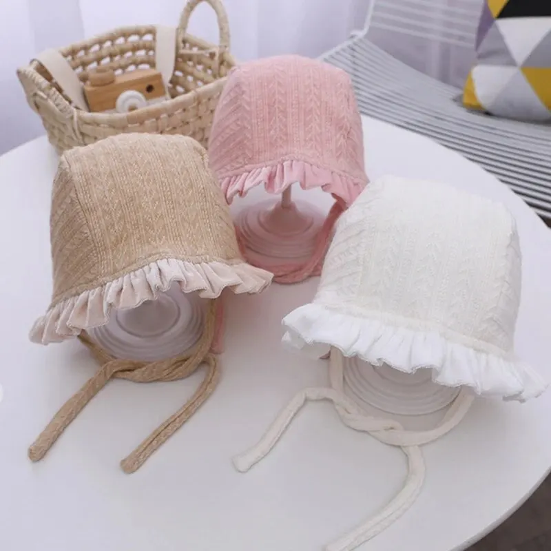 Solid Color Ruffle Baby Princess Hat Spring Autumn Warm Girl Newborn Bonnet Cap Lace Soft Infant Fisherman Caps