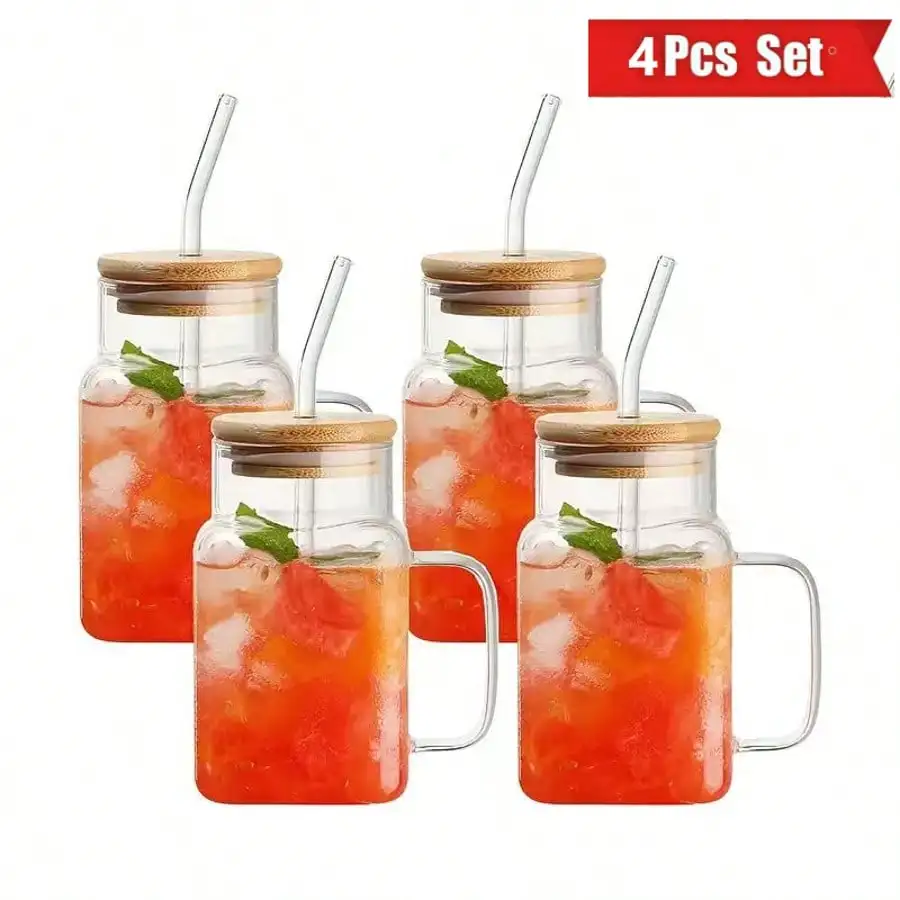 

4PCS 500ML/17OZ Square Glass Straw Cups - Lid Included, Cute Gift for Daily/Wedding Beverages