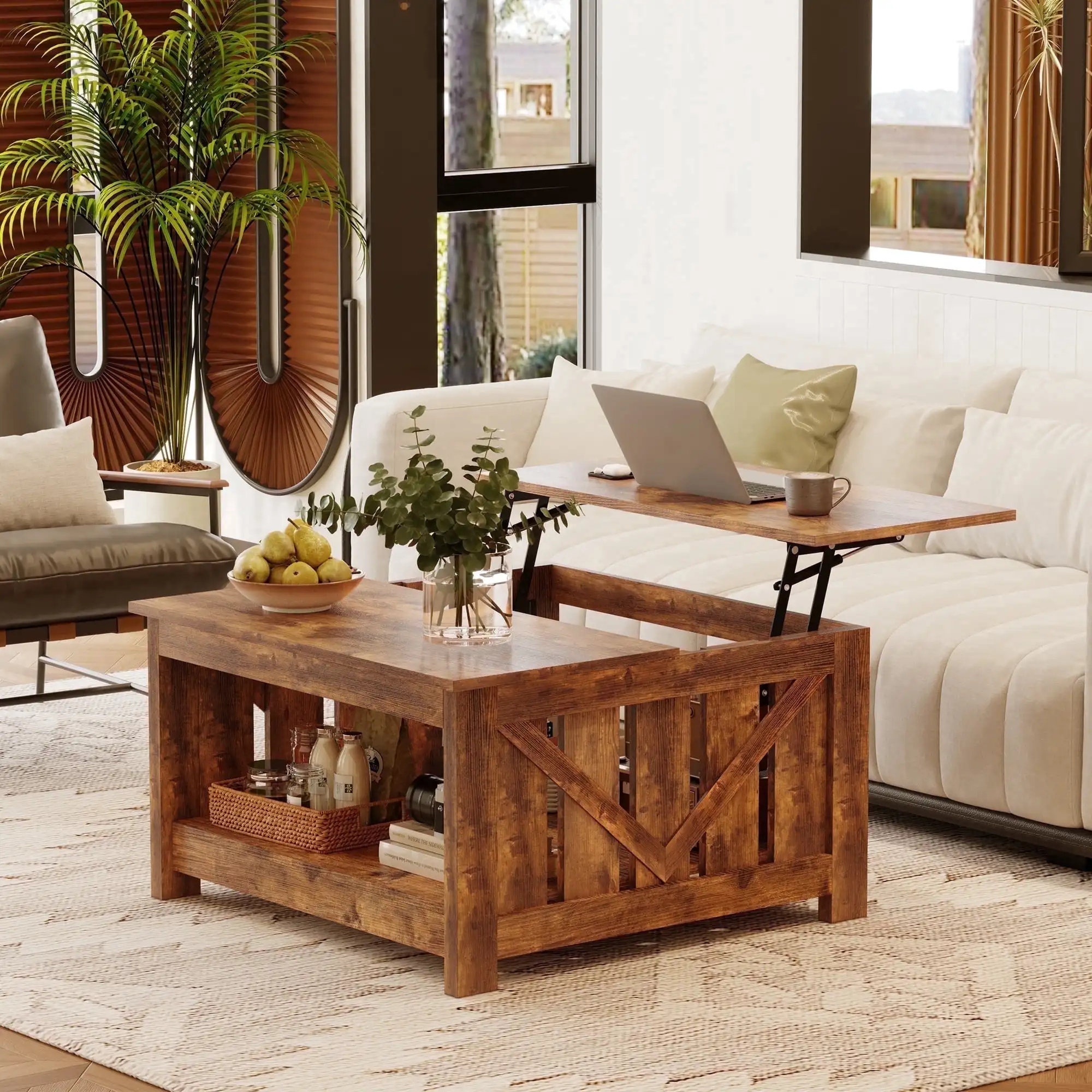 Lift Top Coffee Table with Storage Cabinet and 2 Compartments for Living Room, brown, 31.5''Hx31.5''W in