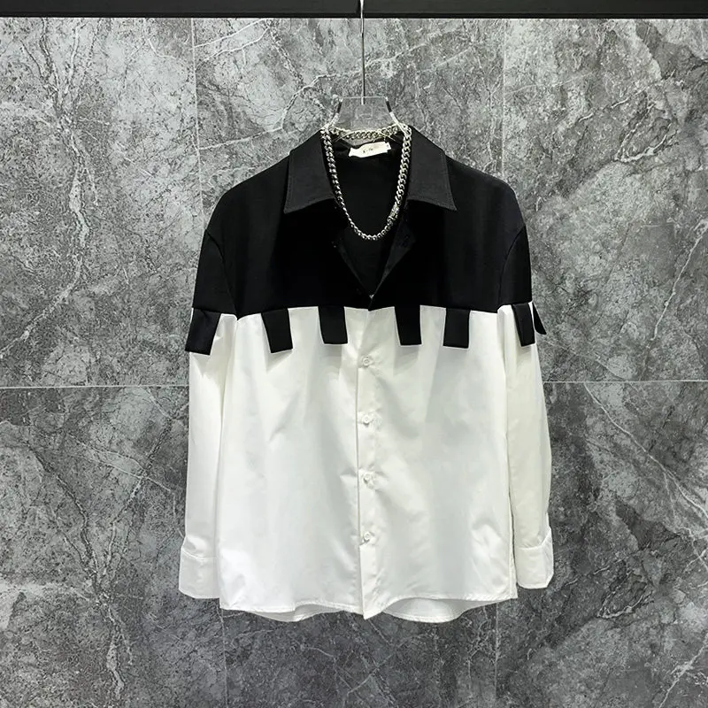 

2026 Handsome Patchwork Shirt Men Trendy Design Loose Long Sleeved Shirt Casual Social Street Wear Party Stage Dance Clothing
