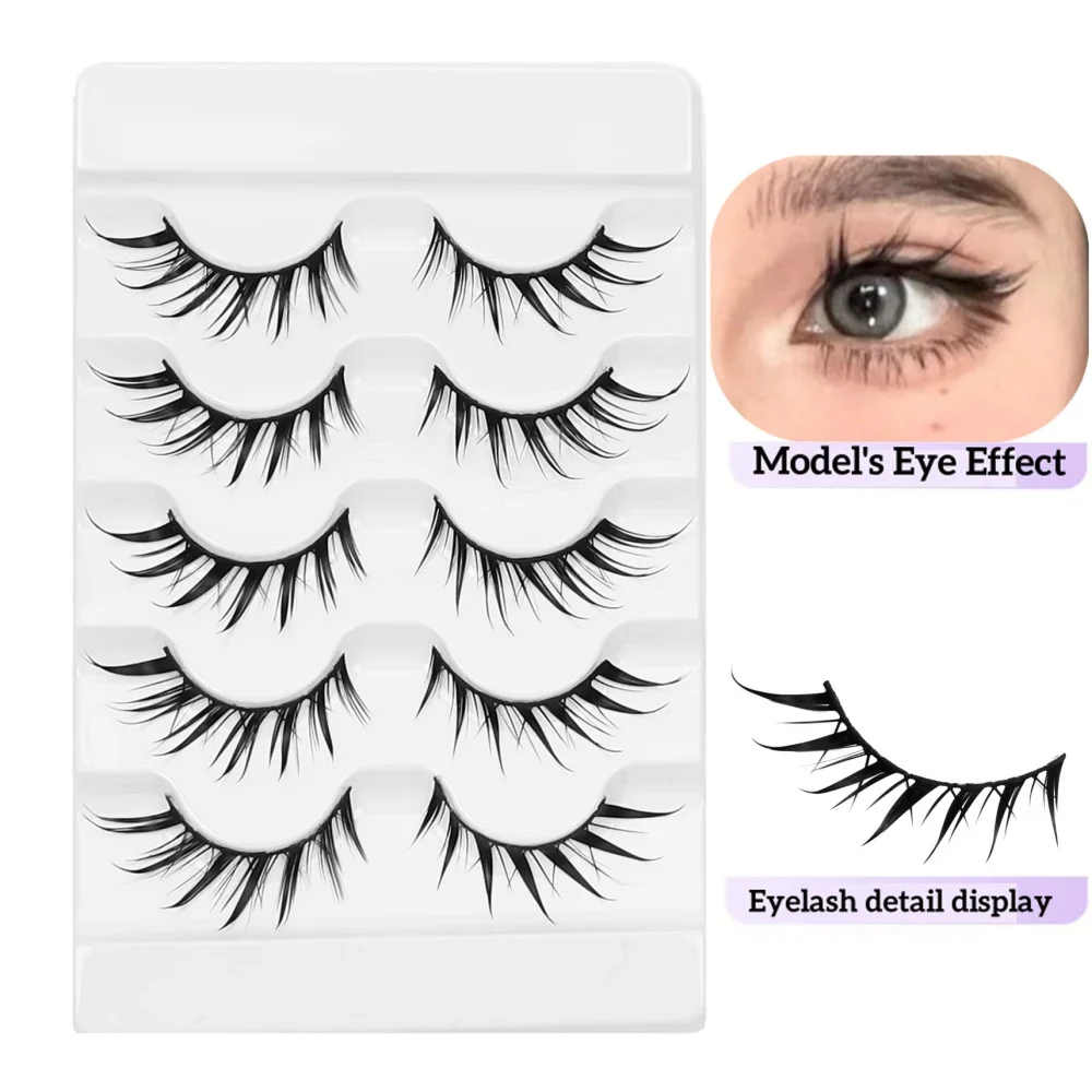5 Paar schräge fliegende falsche Wimpern im antiken Stil, übernatürliche Simulation von fliegenden Wimpern mit festem Stiel