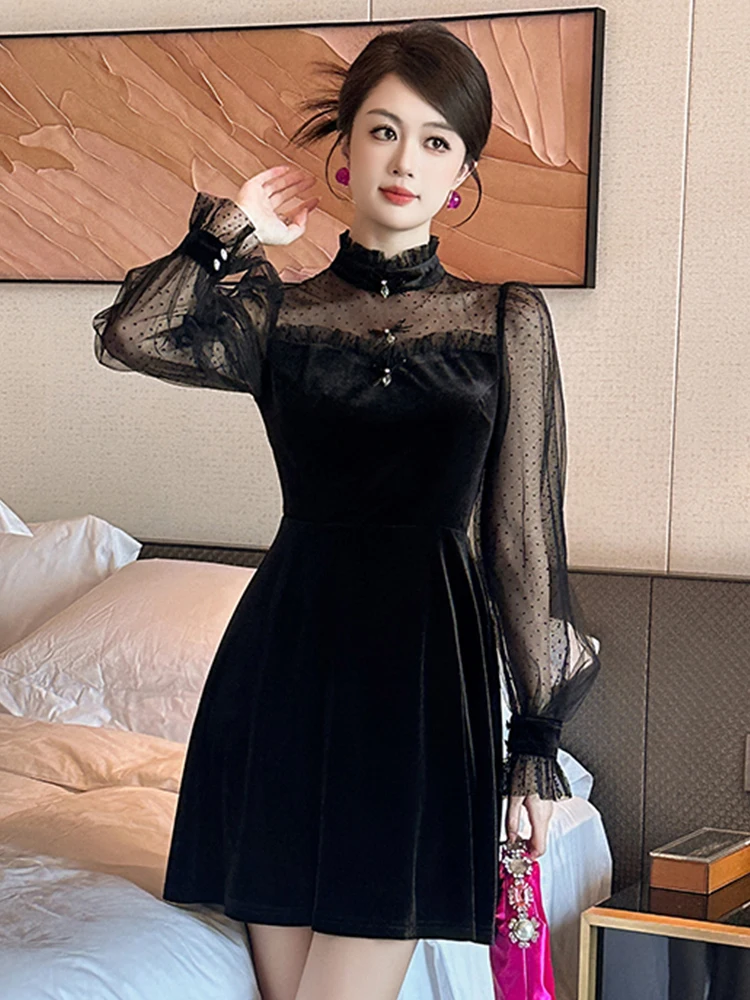 Robe courte en maille de velours noir pour femmes, vêtements de soirée, col montant transparent, mince, élégante, dames, fête, club, anniversaire, éducatif, sexy, nouveau