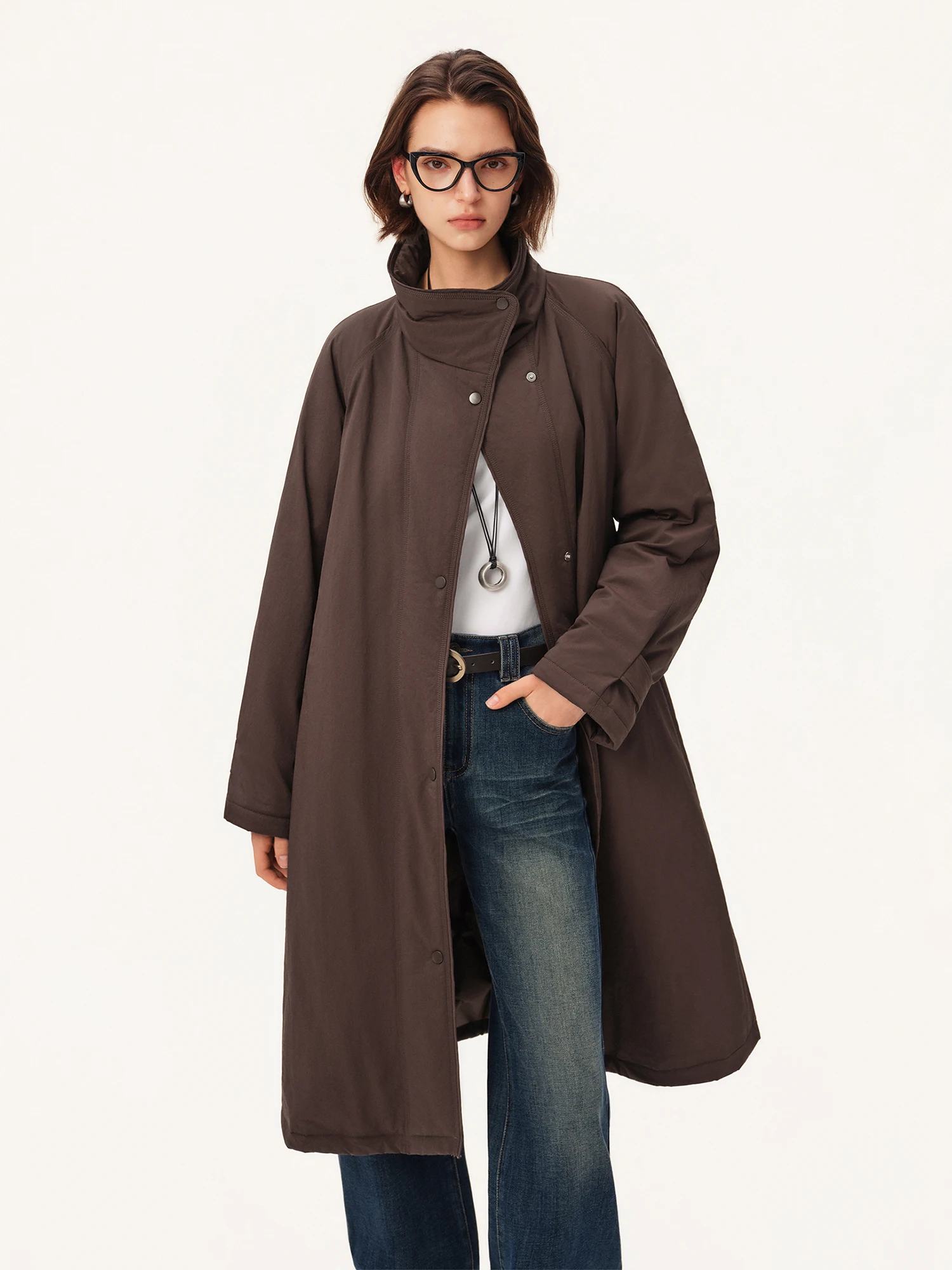 ZIQIAO Women's Down Coats Waterproof Stand Collar Trench Long Coat Slim Waist Winter 2026 Commuting Outweart Ins Chic Streetwear