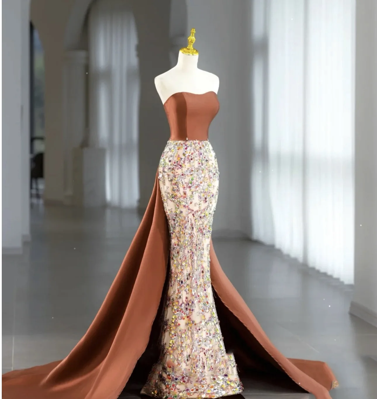 Elegant Brown Mermaid Fromal Evening Dress 2025 Strapless Sequined Bow Back Prom Party Gowns New Celebrity Style Robe De Soiree