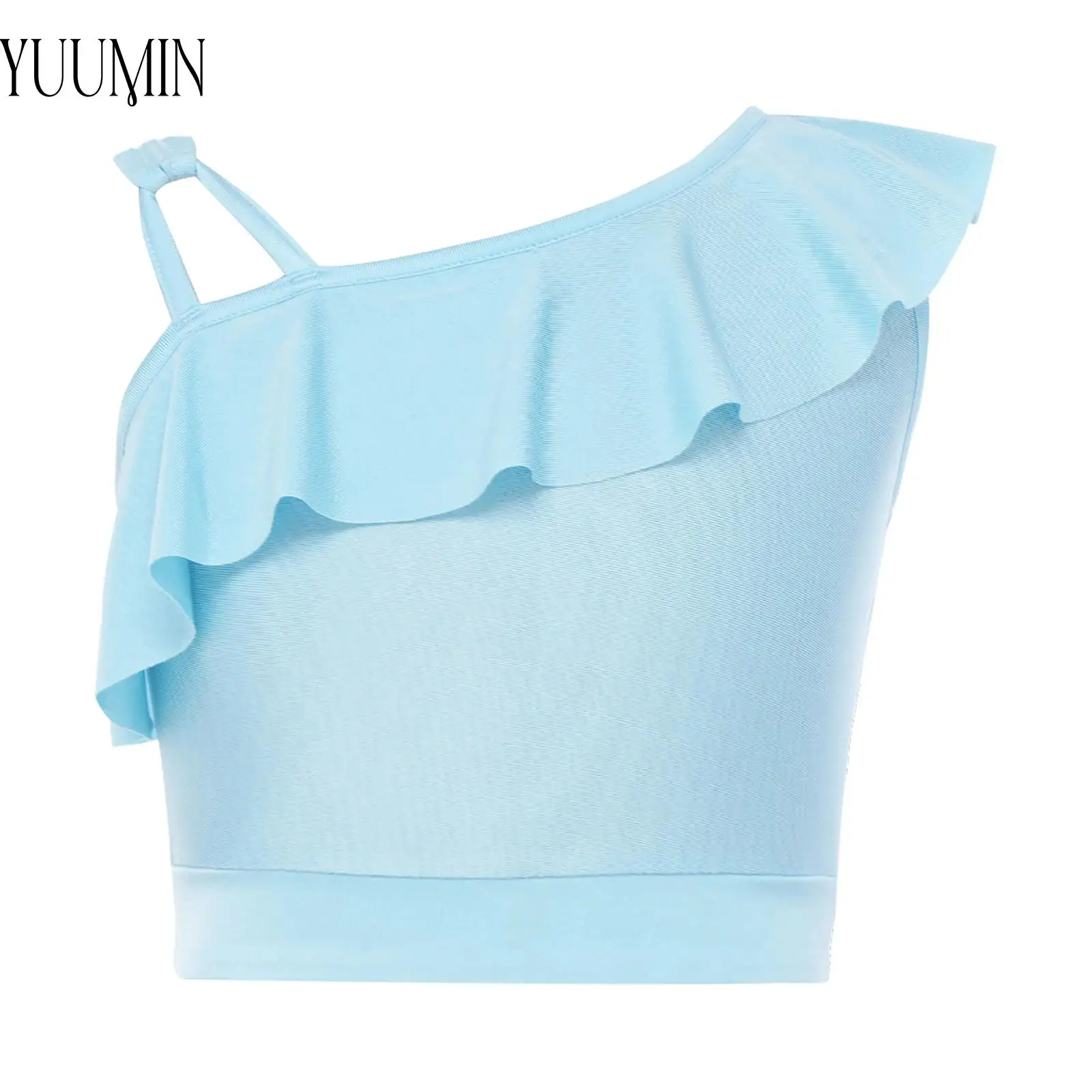 

Kids Asymmetrical Ruffle Dance Crop Top Comfortable Stretchy Breathable Lightweight Quick Dry for Workout Yoga Dance Practice