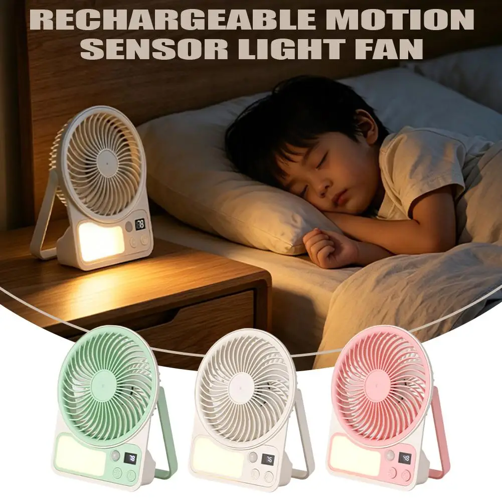 

USB Rechargeable Motion Sensor Fan with Light Portable Desk Fan for Dorm Bedroom Camping Quiet Small Fan Long Battery Life Auto