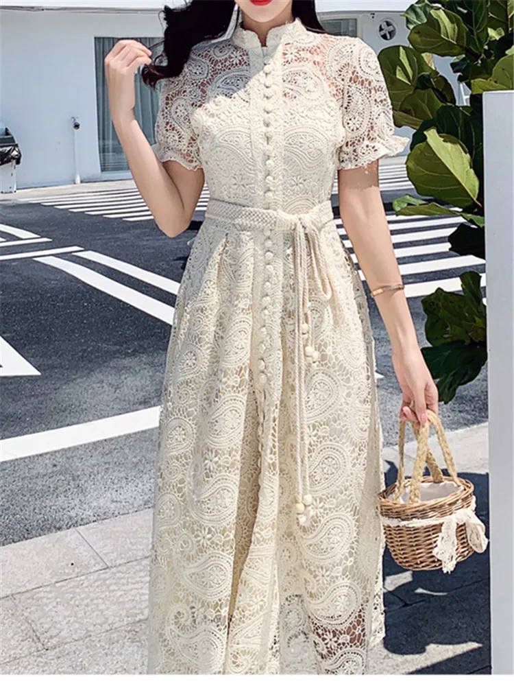 Floral Runway Party Short Sleeve Sexy Vintage Embroidery A-Line Lace 2022 Boho Summer Elegant Dresses for Women Chic Print Mesh