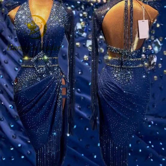 Baile latino AB Stone mujer adultos niños alta gama personalizado tesoro azul falda hueca negro piscina Samba vestido de actuación