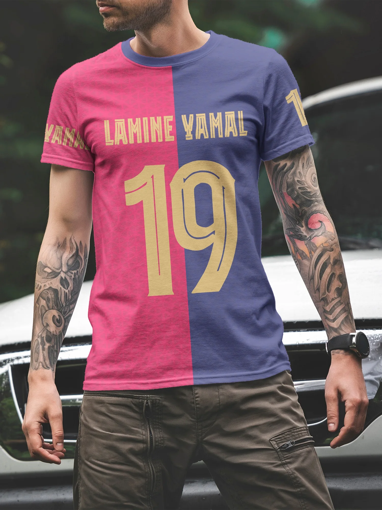 Men's Short-Sleeve T-Shirt – Lamine Yamal 19 Graphic Print,Pink & Blue Split Design, Ideal for Casual Daily Wear & Football Fans