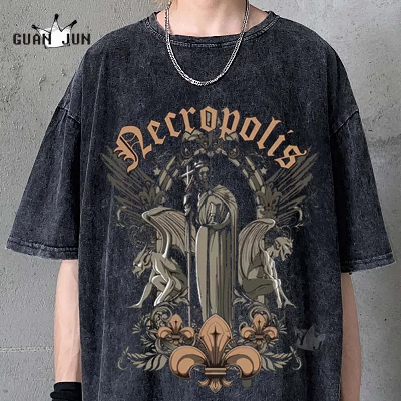 Necropolis Devil Hiphop T-shirt Fashion Goth Washed Tshirts Men's Tops Cotton Short Sleeve T-Shirts Men Women Streetwear Gothic