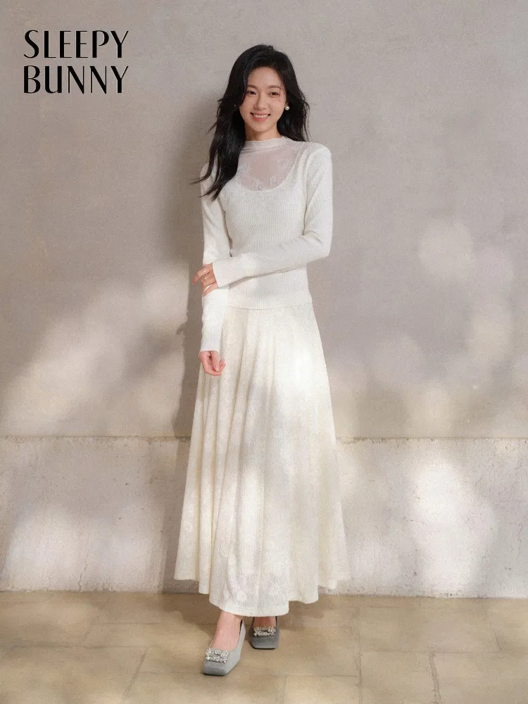 

Elegant Jacquard Knit Skirt High Waist A-Line Long Skirt Flowy Slimming Winter Midi for Women Petite French Fashion Outfit Wear