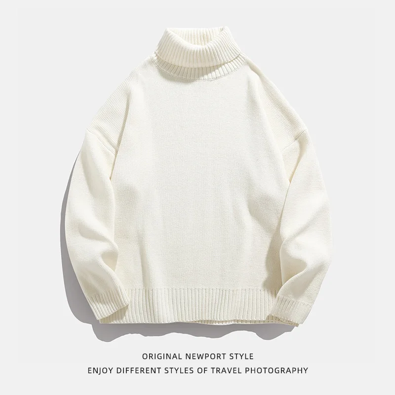 2025 Japanese Male Simple Basic Pullovers Fashion Men's Solid Color Casual Trendy Turtleneck Loose Long Sleeve Knitted Sweaters