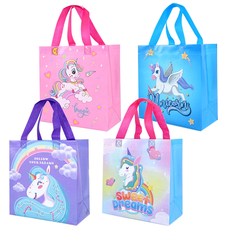 

4pcs Unicorn Gift Bags Rainbow Unicorn Dino Non-woven Fabric Candy Gifts Packaging Bags For Kids Girl Birthday Decor Baby Shower
