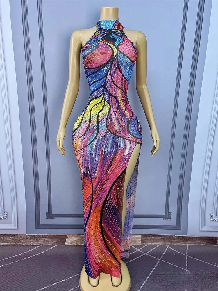 Alta qualidade carimbo quente e bloqueio de cor sexy pendurado pescoço fino ajuste split vestido 2025 nova moda roupas femininas personalizadas