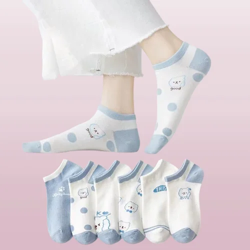 

5/10 Pairs Cute Bear Socks Women Japanese Light Blue Spring Thin Cartoon Boat Socks Low-cut Breathable Socks