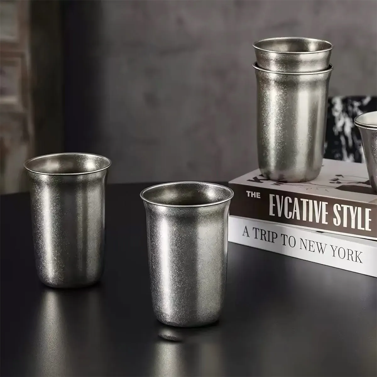 Stainless Steel Beer Mug, Vintage-Style Water Cup, Snowflake Gray Bar Drink Cup, Restaurant Barbecue Water Cup, Milk Tea Cup, 700ml, 4 Pieces
